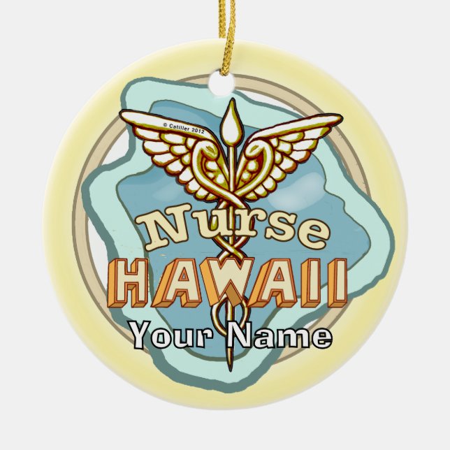 Hawaii Nurse Caduceus  Ceramic Ornament (Front)