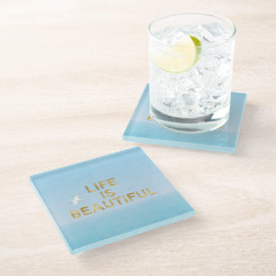 Hawaii Ocean Bird Flying Gold Beautiful Quote Glass Coaster