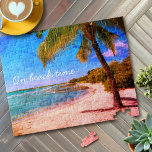 Hawaii Ocean Palm Tree Vintage Photo On Beach Time Jigsaw Puzzle<br><div class="desc">“On beach time.” Rewind back to memories of lazy, tropical beach days whenever you enjoy this Hawaii vacation funky, retro, vintage look, distressed photo jigsaw puzzle of a lone palm tree on a sandy, crescent beach, with clear turquoise blue skies and water. Makes a great present for someone special! Comes...</div>