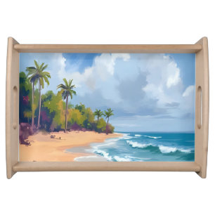 Hawaii Ocean Shore Watercolor Painting Beach Serving Tray