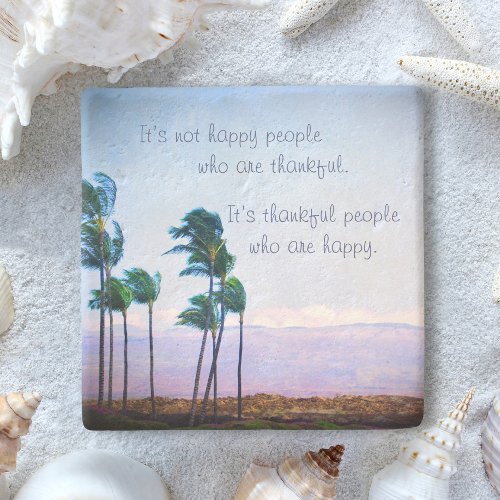 Hawaii Palm Tree Photo Thankful Happy People Quote Stone Coaster