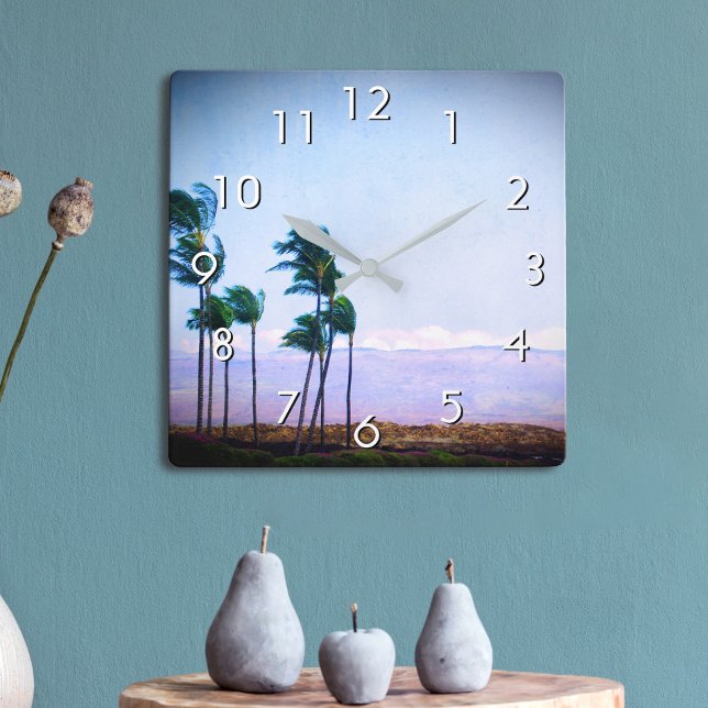 Hawaii Palm Tree Purple Landscape Photo Stylish Square Wall Clock (Creator Uploaded)