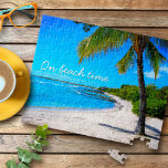 Hawaii Palm Tree Tropical Beach On Beach Time Jigsaw Puzzle<br><div class="desc">“On beach time.” Rewind back to memories of lazy, tropical beach days whenever you enjoy this inspirational Hawaii vacation photo jigsaw puzzle of a lone palm tree on a sandy, crescent beach, with clear turquoise blue skies and water. Makes a great present for someone special! Comes in a special gift...</div>