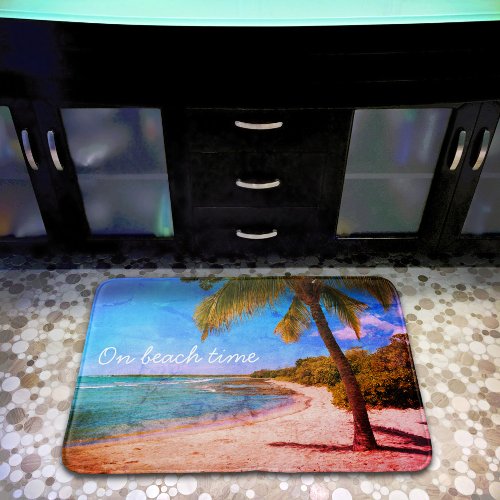 Hawaii Palm Tree Vintage Look Photo On Beach Time Bath Mat