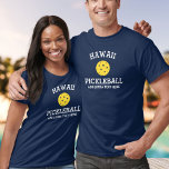 Hawaii Pickleball Add Club Partner Name Custom T-Shirt<br><div class="desc">Show off your love of Hawaii pickleball (easily change state name and shirt color) with this awesome pickleball shirt for clubs, teams, partners or everyday court wear. Just add your 3 lines of custom text to make a totally unique pickleball shirt. Great for tournaments, matching club shirts or to give...</div>