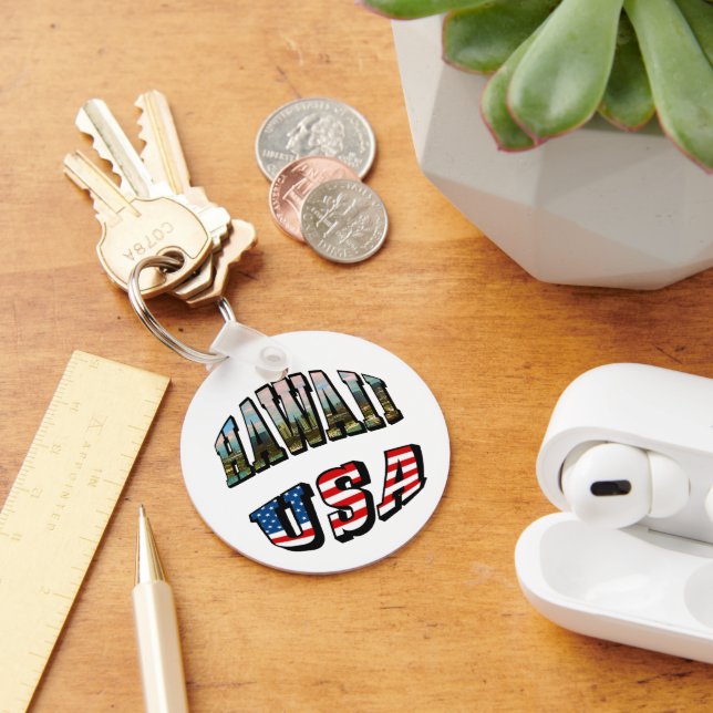 Hawaii Picture and USA Flag Text Aluminum Circle Keychain (Desk)