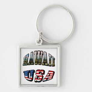 Hawaii Picture and USA Flag Text Keychain