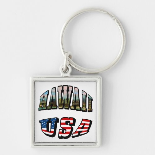 Hawaii Picture and USA Flag Text Keychain