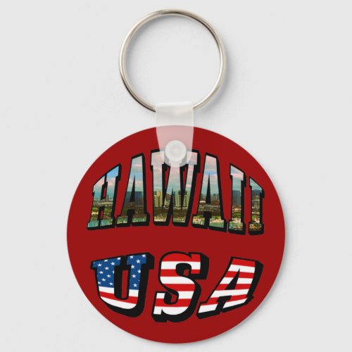Hawaii Picture and USA Flag Text Keychain
