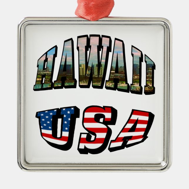 Hawaii Picture and USA Flag Text Metal Ornament (Front)