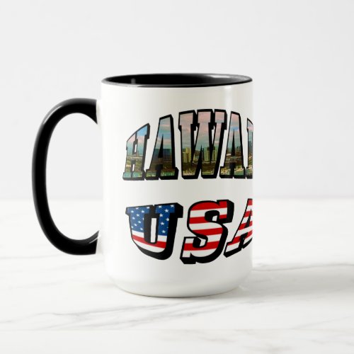 Hawaii Picture and USA Flag Text Mug