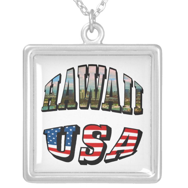 Hawaii Picture and USA Flag Text Square Silver Plated Necklace (Front)