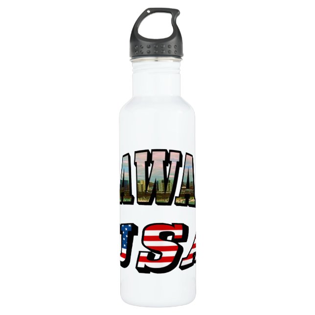 Hawaii Picture and USA Flag Text Stainless Steel Water Bottle (Front)
