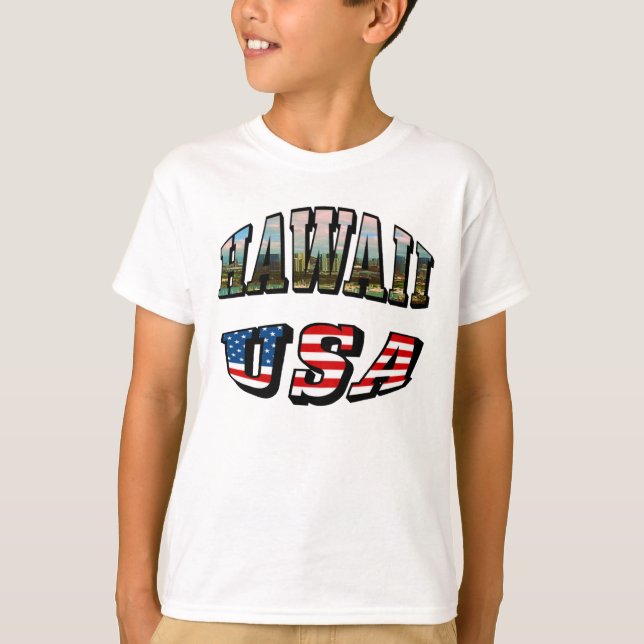 Hawaii Picture and USA Flag Text T-Shirt (Front)