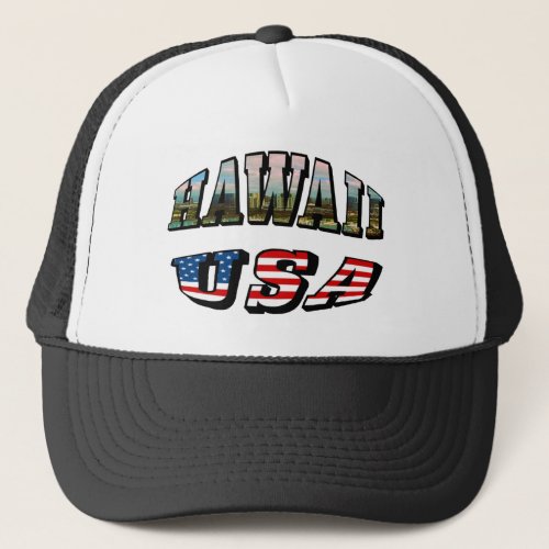 Hawaii Picture and USA Flag Text Trucker Hat