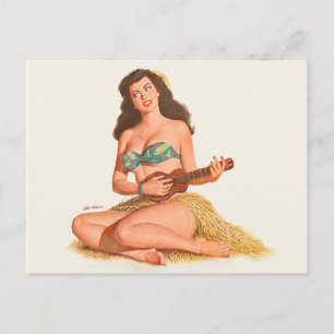 Hawaii pin-up girl plays small guitar, paint, art postcard