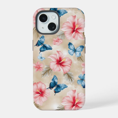 Hawaii Pink Hibiscus Flowers and Blue Butterflies iPhone 15 Case