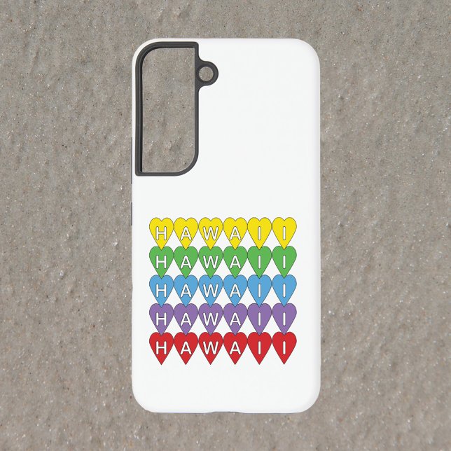 Hawaii Rainbow Hearts Samsung Galaxy Case (A phone that says Hawaii with yellow, green, blue, purple and red hearts)