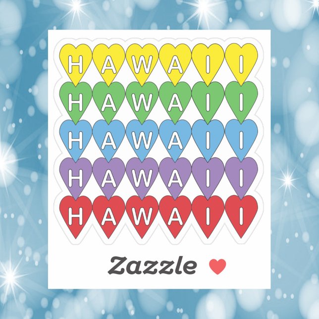 Hawaii Rainbow Hearts Sticker (A die cut sticker that says Hawaii in yellow, green, blue, purple, and red hearts.)