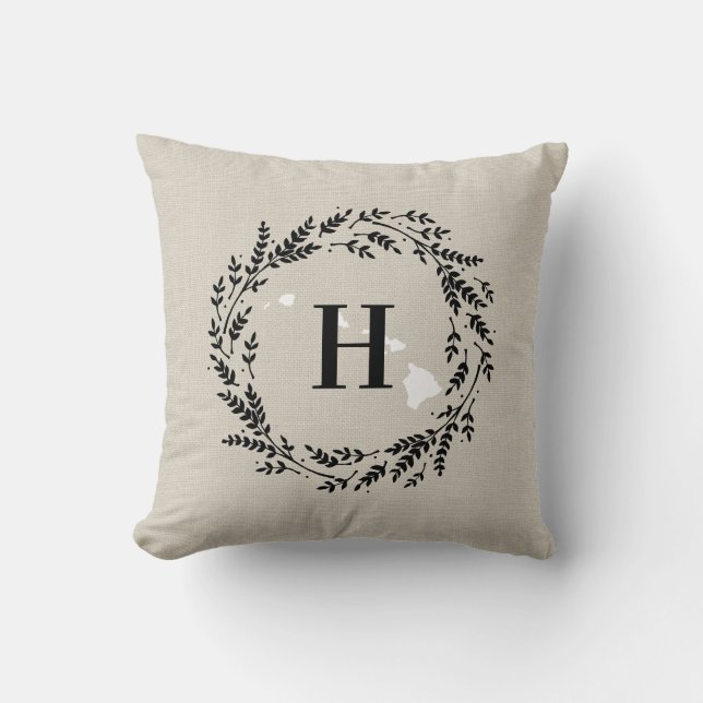 Hawaii Rustic Wreath Monogram Throw Pillow (Front)