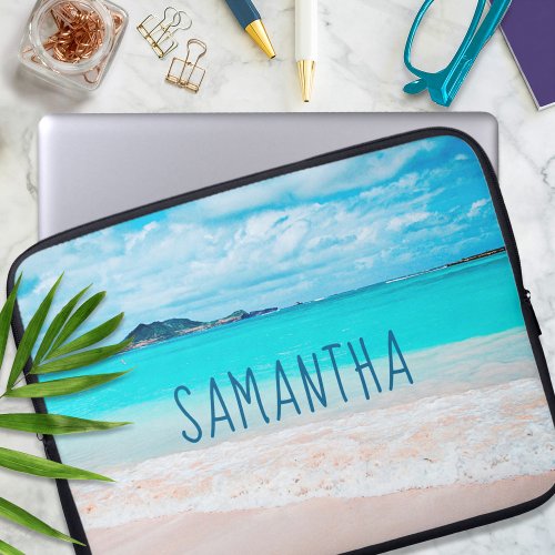 Hawaii Sandy Beach Blue Ocean Photo Custom Name Laptop Sleeve
