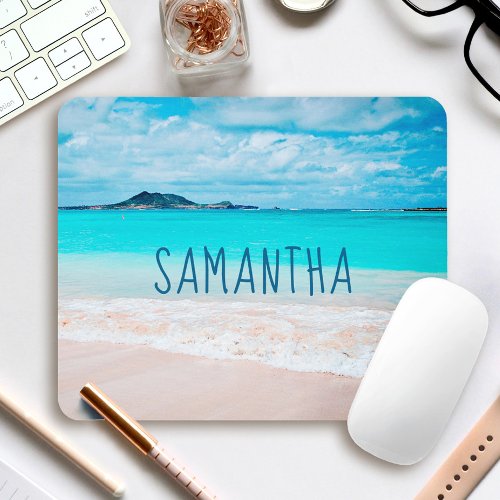 Hawaii Sandy Beach Blue Ocean Photo Custom Name Mouse Pad