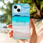 Hawaii Sandy Beach Ocean Blue Gold Confetti Name iPhone 15 Case<br><div class="desc">Think of summer each time you use this personalized name cell phone case. Enjoy the solitude of an empty Hawaii beach with this stunning, vibrantly-colored coastal photo, tipped with tiny, sparkly turquoise blue and gold, glam confetti dots. Makes a great gift for someone special! Just type in the name of...</div>