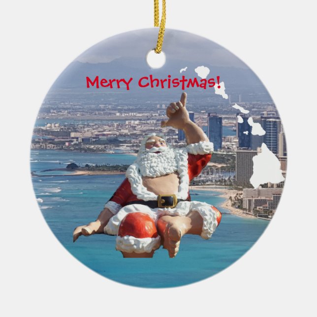 Hawaii Santa and Honolulu Ceramic Ornament (Front)