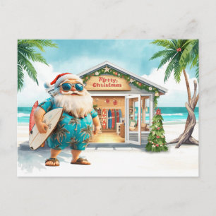 Hawaii Santa Claus is holding surf board Christmas Postcard