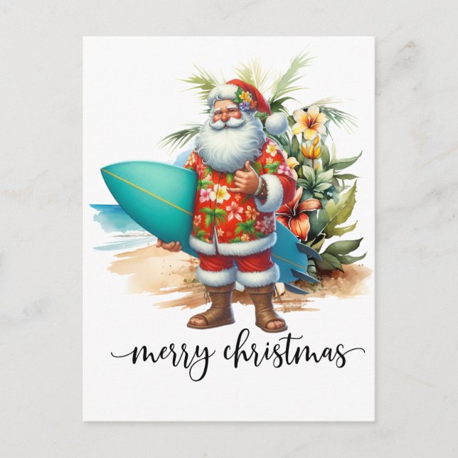 Hawaii Santa Claus is holding surf board Christmas Postcard (Front)