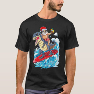 Hawaii Santa Riding Dinosaur Rex Sufing Christmas T-Shirt