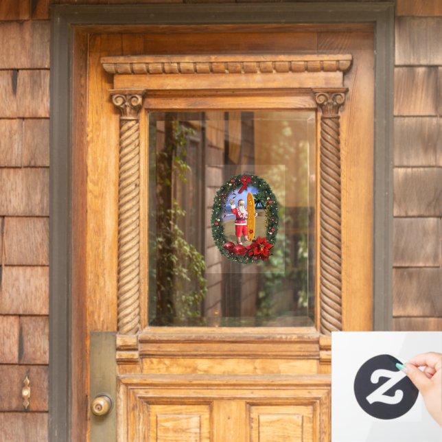 Hawaii Santa with Surfboard Window Cling (Home Door)