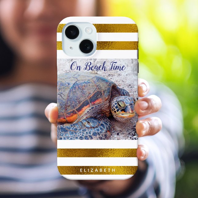 Hawaii Sea Turtle Gold White Stripes On Beach Time Case-Mate iPhone Case (Creator Uploaded)