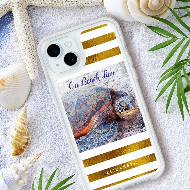 Hawaii Sea Turtle Gold White Stripes On Beach Time iPhone 15 Plus Case (Creator Uploaded)