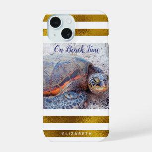 Hawaii Sea Turtle Gold White Stripes On Beach Time iPhone 15 Case