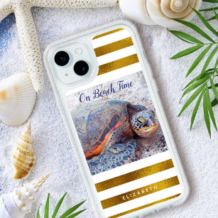 Hawaii Sea Turtle Gold White Stripes On Beach Time iPhone 15 Plus Case