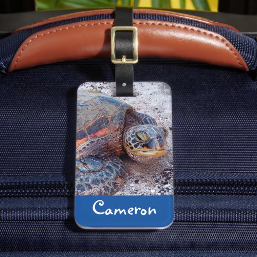 Hawaii Sea Turtle Honu Photo Custom Name Script Luggage Tag