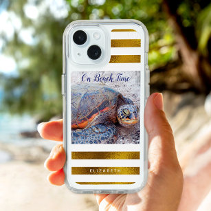 Hawaii Sea Turtle On Beach Time Gold White Stripes iPhone 15 Case