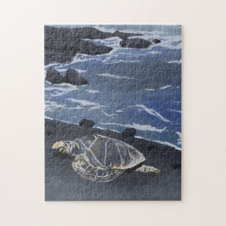 Hawaii Sea Turtle on Black Sand Beach T-Shirt Jigsaw Puzzle