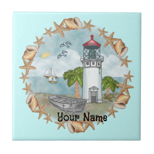 Hawaii Shells Lighthouse custom name Tile