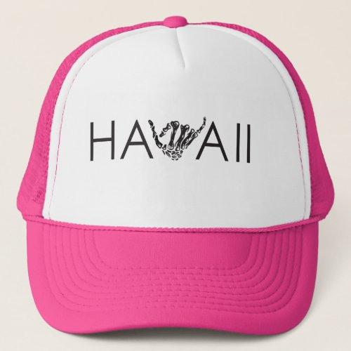Hawaii Skeleton Shaka _ Pink  White Trucker Hat