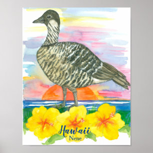 Hawaii State Bird Nene Sunset Ocean Poster