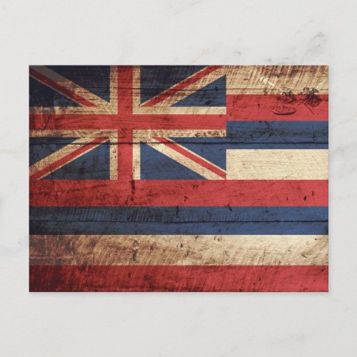 Hawaii State Flag on Old Wood Grain Postcard