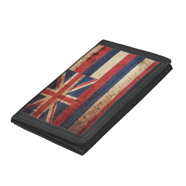 Hawaii State Flag on Old Wood Grain Trifold Wallet (Bottom)