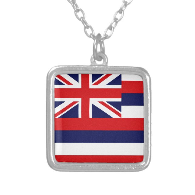 Hawaii State Flag Square Silver Plated Necklace (Front)
