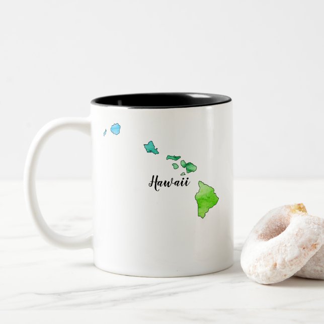 Hawaii State Map Watercolor Two-Tone Coffee Mug (With Donut)