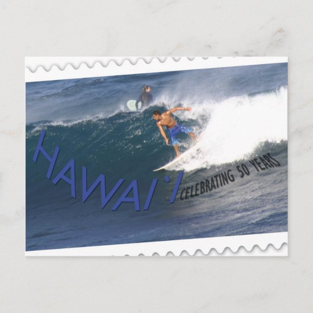 Hawaii statehood 50th anniversary postcard- surfer postcard (Front)