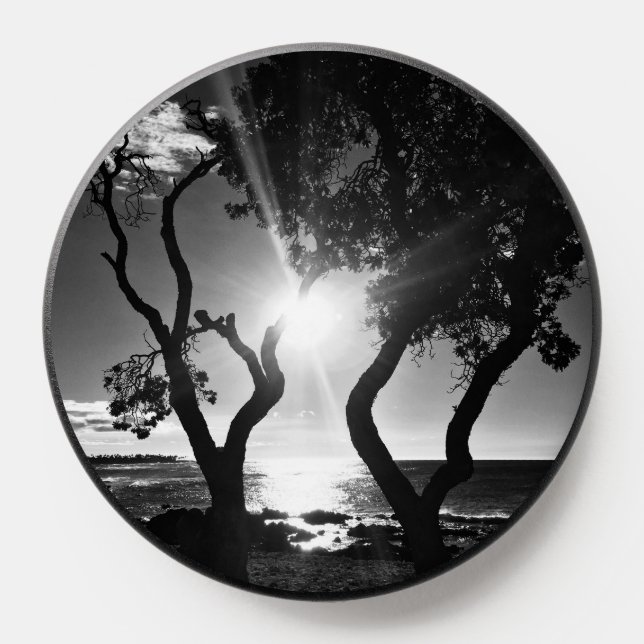 Hawaii Sunlit Trees Shore Poster Black and White PopSocket (Popsocket)