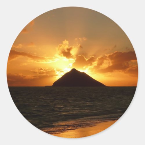 Hawaii sunrise at the beach round sticker