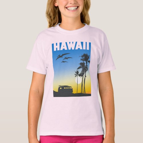 Hawaii Sunset Surf Dinosaur Girls T_Shirt